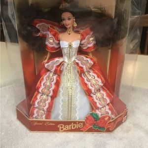 Vintage holiday, Barbie 97 wearing a red and white dress new